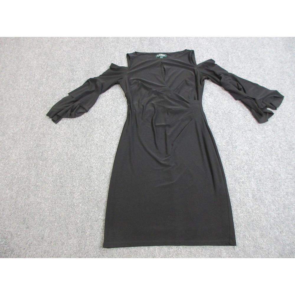 Lauren Ralph Lauren Dress Womens 4 Black Cold Shoulder Ruffle Sleeve Sheath LBD